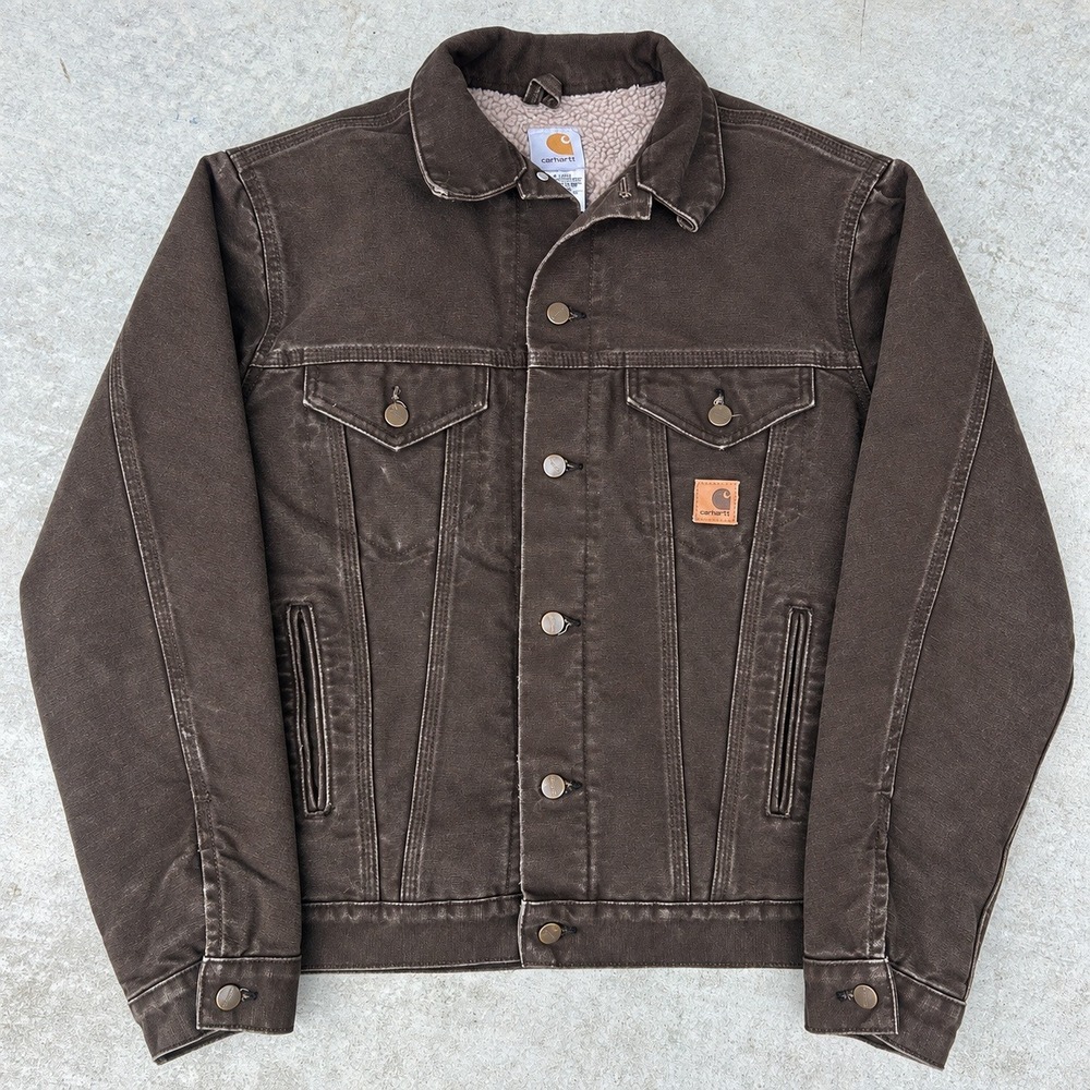 Carhartt J233 WAL Trucker Jacket Medium Brown Vintage Faded Sherpa Workwear